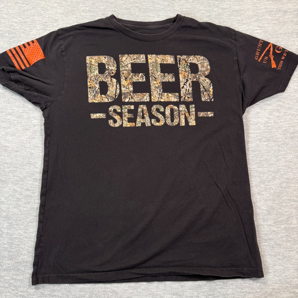 Grunt Style T-Shirt Men Large Black Beer Season Graphic Patriotic Flag Tactical